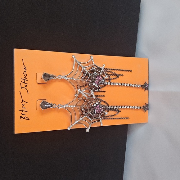 Betsey Johnson Pink and Silver Spider Web Earrings - Picture 2 of 2